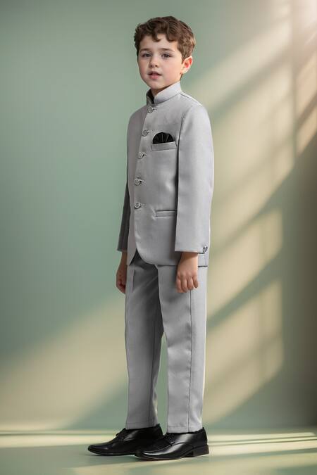 Petite Pomme Gray Polyester Solid Button Down Jodhpuri And Trouser Set at Aza Fashions Petite Pomme_Gray Polyester Solid Button Down Jodhpuri And Trouser Set _at_Aza_Fashions