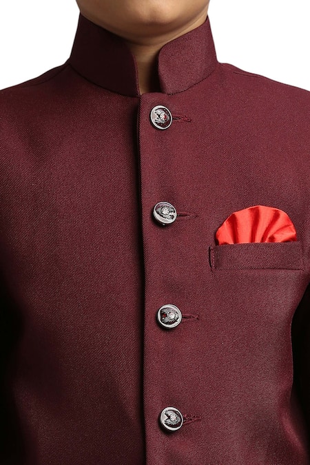 Petite Pomme Maroon Polyester Buttoned Jodhpuri And Trouser Set Online at Aza Fashions Petite Pomme_Maroon Polyester Buttoned Jodhpuri And Trouser Set _Online_at_Aza_Fashions