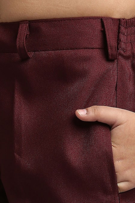 Shop Petite Pomme Maroon Polyester Buttoned Jodhpuri And Trouser Set Online at Aza Fashions Shop_Petite Pomme_Maroon Polyester Buttoned Jodhpuri And Trouser Set _Online_at_Aza_Fashions