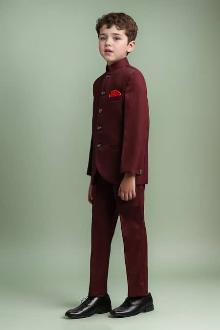Petite Pomme Maroon Polyester Buttoned Jodhpuri And Trouser Set at Aza Fashions Petite Pomme_Maroon Polyester Buttoned Jodhpuri And Trouser Set _at_Aza_Fashions