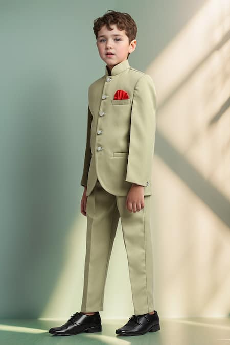 Petite Pomme_Green Polyester Solid Jodhpuri And Pant Set _at_Aza_Fashions