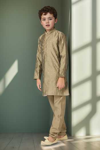 Petite Pomme Gray Chanderi, Linen Zari Butta Kurta Set at Aza Fashions Petite Pomme_Gray Chanderi, Linen Zari Butta Kurta Set _at_Aza_Fashions
