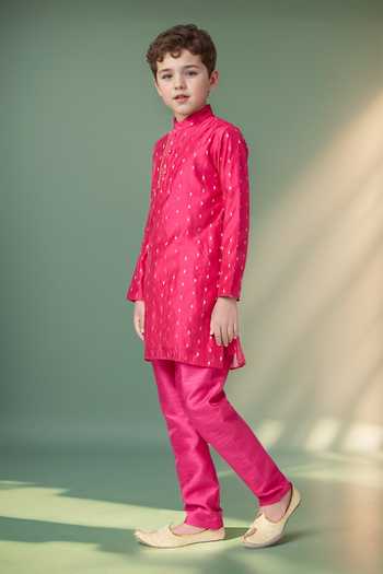 Petite Pomme_Pink Chanderi, Linen Beads, Zari Butta Beaded Placket Kurta Set _at_Aza_Fashions