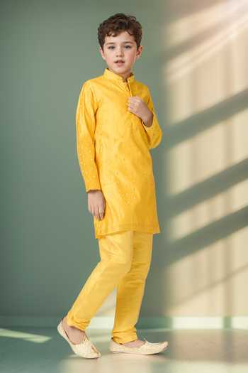 Shop Petite Pomme Yellow Chanderi Zari Butta Kurta Set Shop_Petite Pomme_Yellow Chanderi Zari Butta Kurta Set