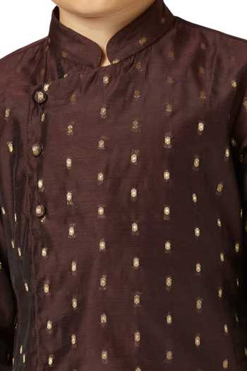 Petite Pomme_Brown Chanderi, Linen Zari Butta Kurta Set _Online_at_Aza_Fashions
