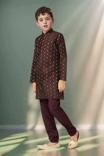 Petite Pomme_Brown Chanderi, Linen Zari Butta Kurta Set _at_Aza_Fashions
