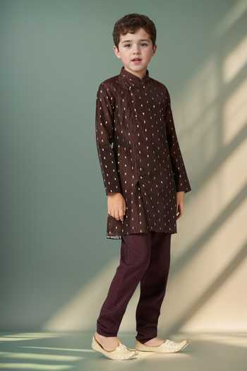 Buy_Petite Pomme_Brown Chanderi, Linen Zari Butta Kurta Set 