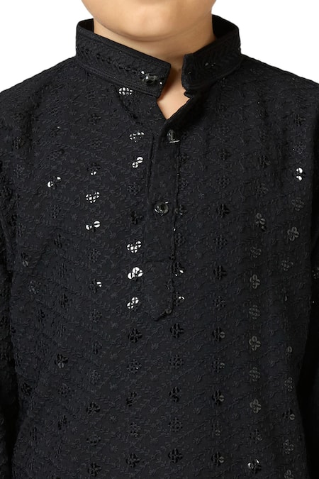 Petite Pomme_Black Cotton Sequins, Embroidery Kurta Set _Online_at_Aza_Fashions