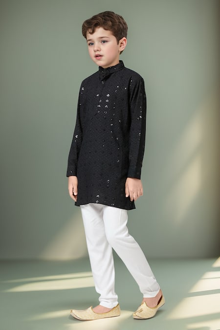 Buy_Petite Pomme_Black Cotton Sequins, Embroidery Kurta Set _Online_at_Aza_Fashions