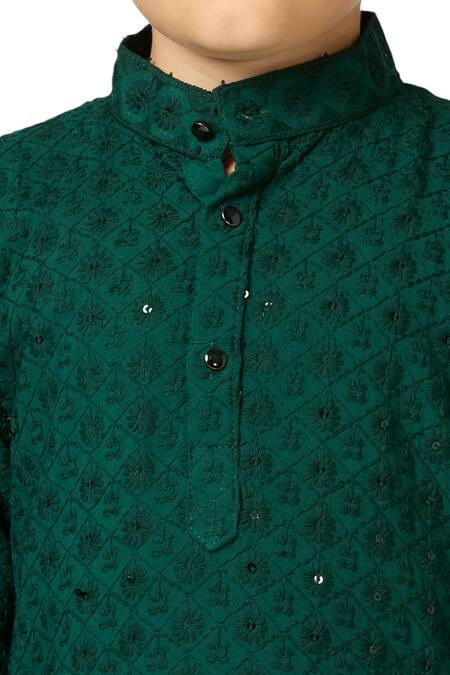 Petite Pomme_Green Cotton Sequins, Embroidery Geometric Floral Kurta Set _Online_at_Aza_Fashions
