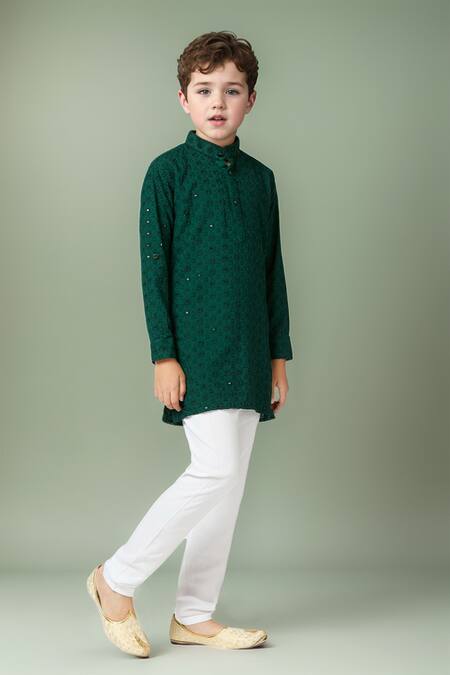 Petite Pomme_Green Cotton Sequins, Embroidery Geometric Floral Kurta Set _at_Aza_Fashions