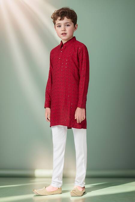 Petite Pomme Maroon Cotton Embroidery, Sequins Kurta Set at Aza Fashions Petite Pomme_Maroon Cotton Embroidery, Sequins Kurta Set _at_Aza_Fashions