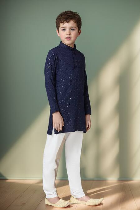 Shop_Petite Pomme_Blue Cotton Sequins, Embroidery Navy Kurta Set _Online_at_Aza_Fashions