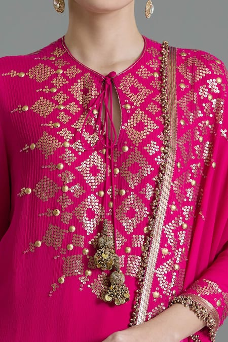 Nakul Sen Pink Chiffon Tassels, Embroidery, Sequins Geometric Kurta Gharara Set Online at Aza Fashions Nakul Sen_Pink Chiffon Tassels, Embroidery, Sequins Geometric Kurta Gharara Set _Online_at_Aza_Fashions