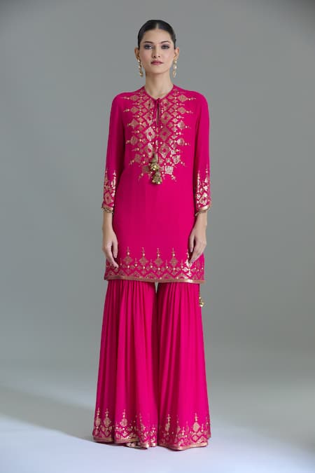 Shop Nakul Sen Pink Chiffon Tassels, Embroidery, Sequins Geometric Kurta Gharara Set Online at Aza Fashions Shop_Nakul Sen_Pink Chiffon Tassels, Embroidery, Sequins Geometric Kurta Gharara Set _Online_at_Aza_Fashions