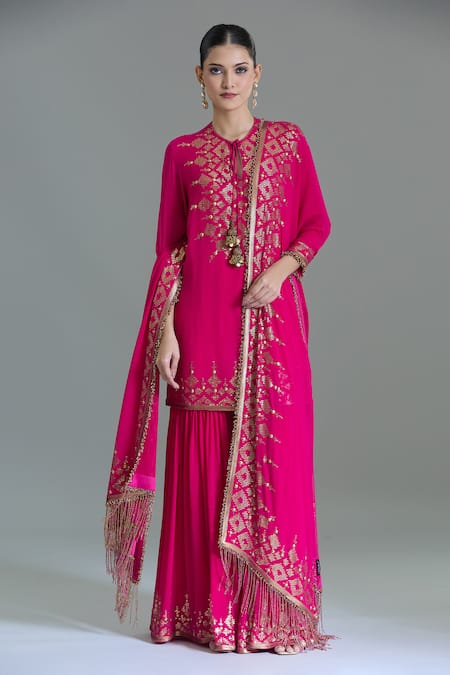 Nakul Sen Pink Chiffon Tassels, Embroidery, Sequins Geometric Kurta Gharara Set at Aza Fashions Nakul Sen_Pink Chiffon Tassels, Embroidery, Sequins Geometric Kurta Gharara Set _at_Aza_Fashions
