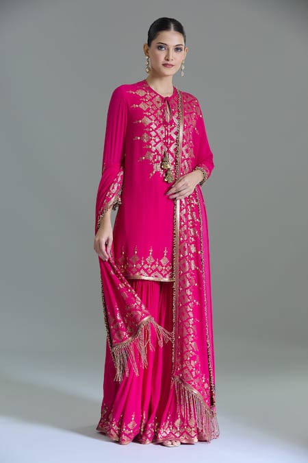 Buy Nakul Sen Pink Chiffon Tassels, Embroidery, Sequins Geometric Kurta Gharara Set Buy_Nakul Sen_Pink Chiffon Tassels, Embroidery, Sequins Geometric Kurta Gharara Set