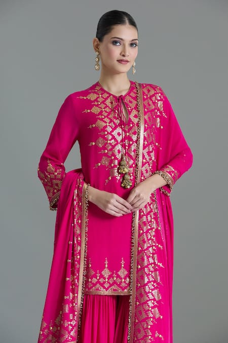 Shop Nakul Sen Pink Chiffon Tassels, Embroidery, Sequins Geometric Kurta Gharara Set Shop_Nakul Sen_Pink Chiffon Tassels, Embroidery, Sequins Geometric Kurta Gharara Set