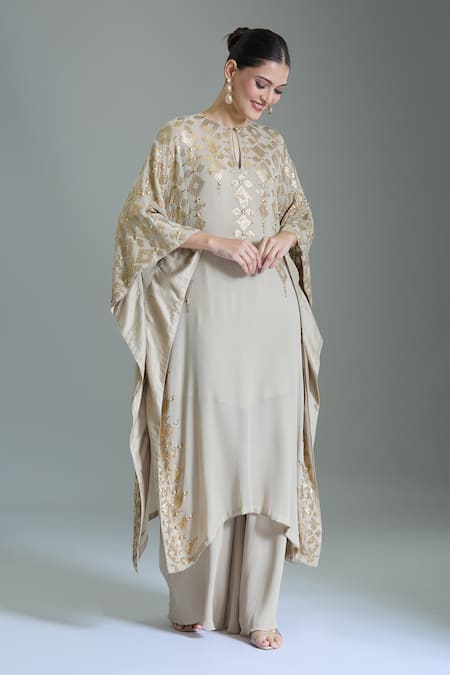 Buy_Nakul Sen_Gray Chiffon Beads, Sequins Round Neck Geometric Embroidered Kaftan Set _Online_at_Aza_Fashions