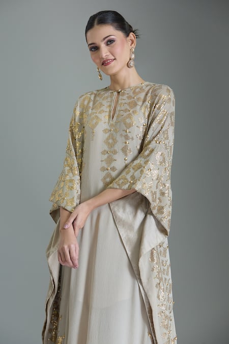 Shop_Nakul Sen_Gray Chiffon Beads, Sequins Round Neck Geometric Embroidered Kaftan Set _Online_at_Aza_Fashions