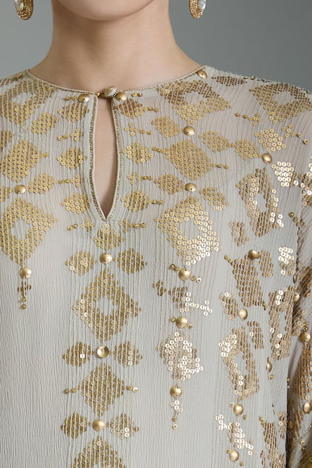 Nakul Sen_Gray Chiffon Beads, Sequins Round Neck Geometric Embroidered Kaftan Set _at_Aza_Fashions