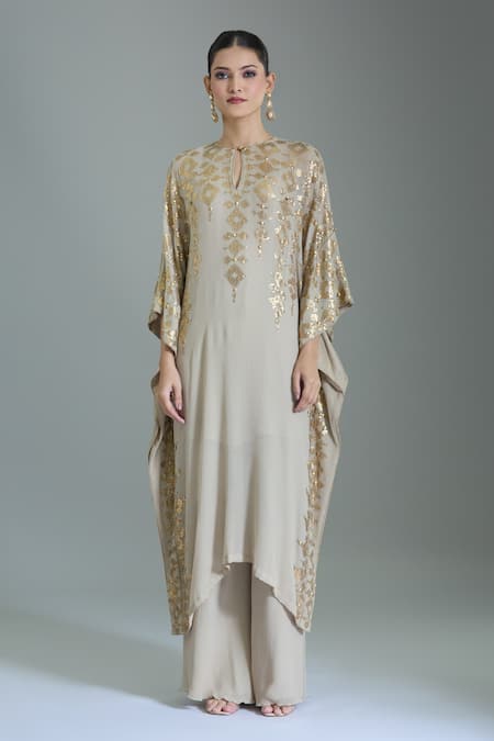 Buy_Nakul Sen_Gray Chiffon Beads, Sequins Round Neck Geometric Embroidered Kaftan Set 