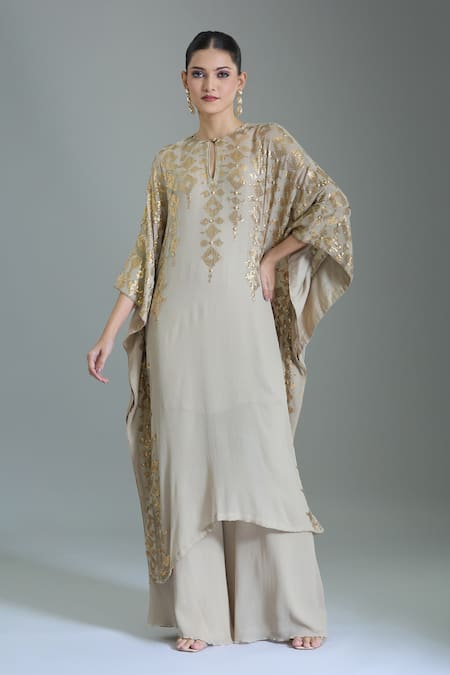 Shop_Nakul Sen_Gray Chiffon Beads, Sequins Round Neck Geometric Embroidered Kaftan Set 