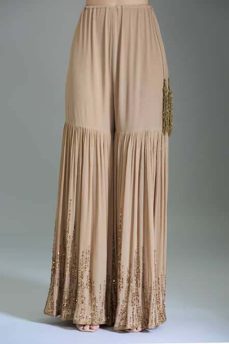 Shop_Nakul Sen_Beige Chiffon Sequins, Tassels Bandeau Neck Embroidered Kurta Set _Online_at_Aza_Fashions