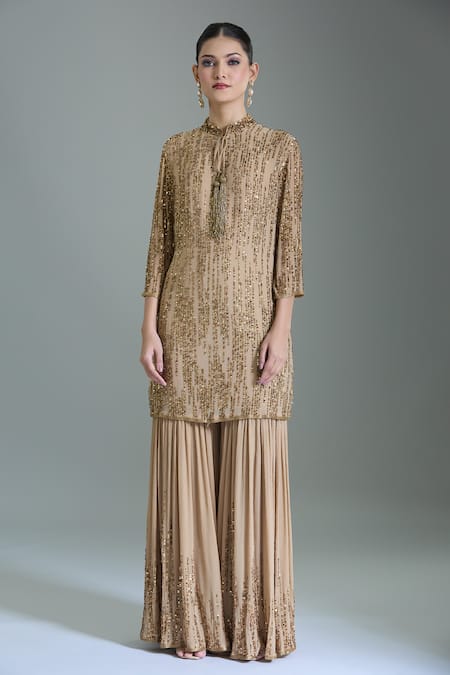 Nakul Sen_Beige Chiffon Sequins, Tassels Bandeau Neck Embroidered Kurta Set _at_Aza_Fashions