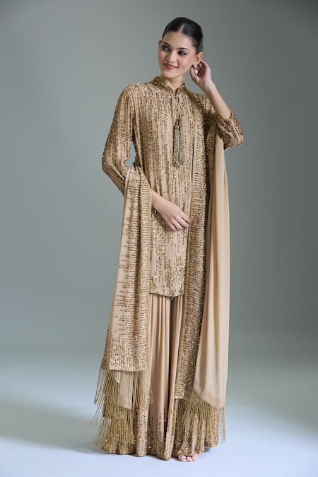 Shop_Nakul Sen_Beige Chiffon Sequins, Tassels Bandeau Neck Embroidered Kurta Set 