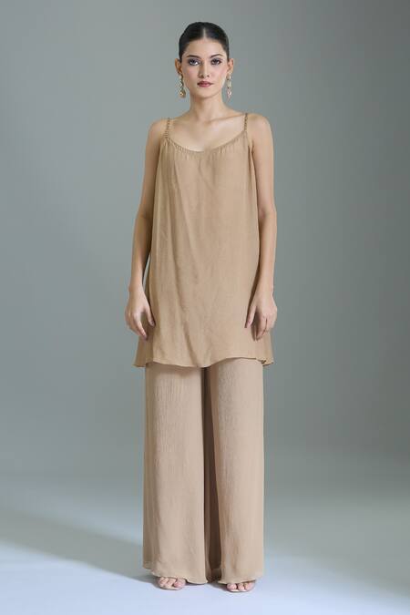 Nakul Sen_Beige Chiffon Sequins Round Neck Embroidered Kaftan Set _Online_at_Aza_Fashions