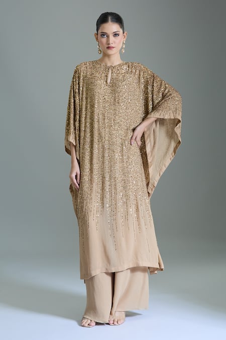 Buy_Nakul Sen_Beige Chiffon Sequins Round Neck Embroidered Kaftan Set _Online_at_Aza_Fashions