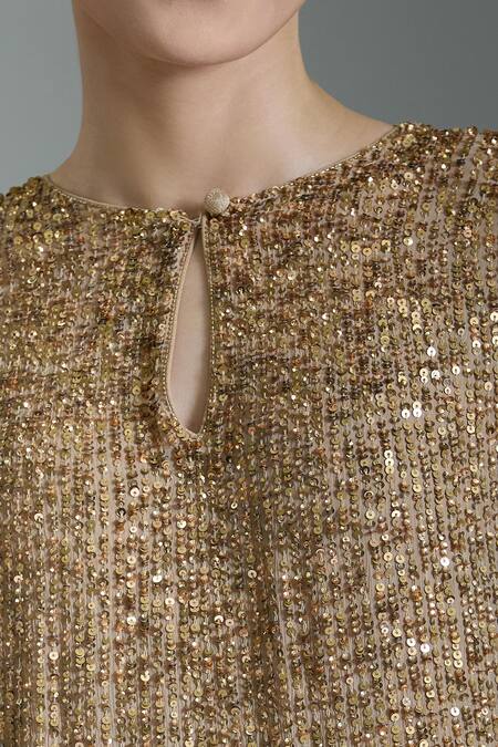 Shop_Nakul Sen_Beige Chiffon Sequins Round Neck Embroidered Kaftan Set _Online_at_Aza_Fashions