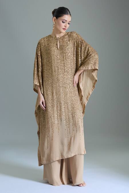 Nakul Sen_Beige Chiffon Sequins Round Neck Embroidered Kaftan Set _at_Aza_Fashions