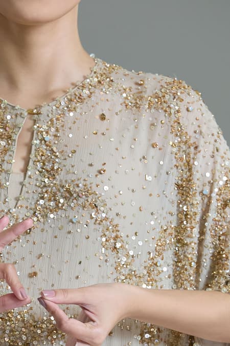 Buy_Nakul Sen_Gray Chiffon Sequins Round Neck Abstract Embroidered Kaftan Set _Online_at_Aza_Fashions