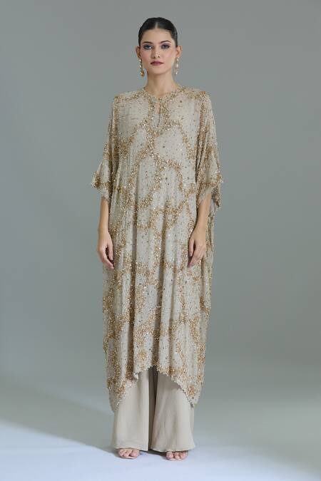 Shop_Nakul Sen_Gray Chiffon Sequins Round Neck Abstract Embroidered Kaftan Set _Online_at_Aza_Fashions