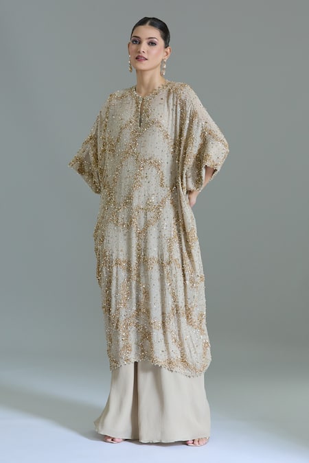 Nakul Sen_Gray Chiffon Sequins Round Neck Abstract Embroidered Kaftan Set _at_Aza_Fashions