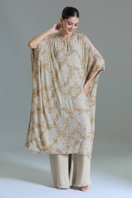 Buy_Nakul Sen_Gray Chiffon Sequins Round Neck Abstract Embroidered Kaftan Set 