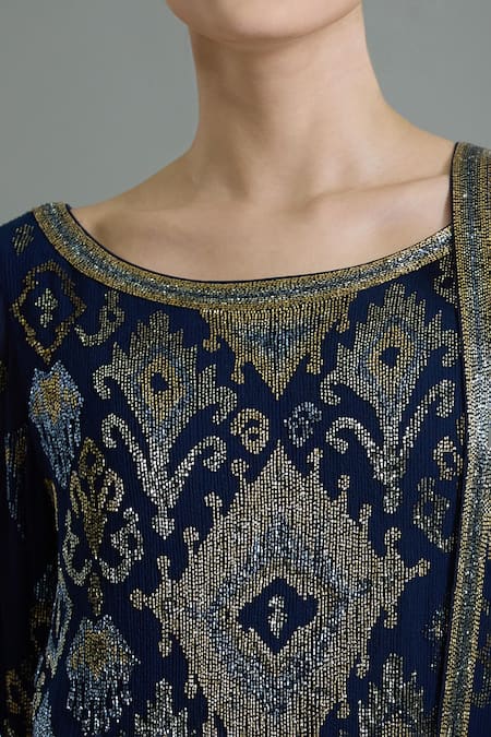 Nakul Sen Navy Chiffon Cut Work, Tassels Scoop Geometric Cutdana Embroidered Kurta Set Online at Aza Fashions Nakul Sen_Navy Chiffon Cut Work, Tassels Scoop Geometric Cutdana Embroidered Kurta Set _Online_at_Aza_Fashions