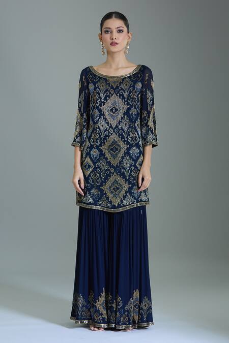 Shop Nakul Sen Navy Chiffon Cut Work, Tassels Scoop Geometric Cutdana Embroidered Kurta Set Online at Aza Fashions Shop_Nakul Sen_Navy Chiffon Cut Work, Tassels Scoop Geometric Cutdana Embroidered Kurta Set _Online_at_Aza_Fashions