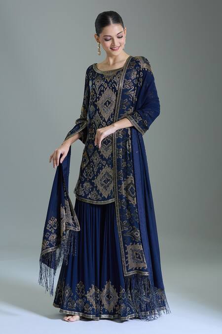 Nakul Sen Navy Chiffon Cut Work, Tassels Scoop Geometric Cutdana Embroidered Kurta Set at Aza Fashions Nakul Sen_Navy Chiffon Cut Work, Tassels Scoop Geometric Cutdana Embroidered Kurta Set _at_Aza_Fashions