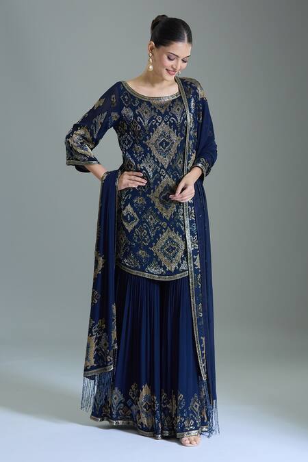 Buy Nakul Sen Navy Chiffon Cut Work, Tassels Scoop Geometric Cutdana Embroidered Kurta Set Buy_Nakul Sen_Navy Chiffon Cut Work, Tassels Scoop Geometric Cutdana Embroidered Kurta Set