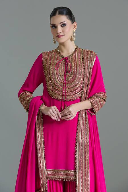 Nakul Sen Pink Chiffon Tassels, Sequins, Beads Embroidered Kurta Gharara Set Online at Aza Fashions Nakul Sen_Pink Chiffon Tassels, Sequins, Beads Embroidered Kurta Gharara Set _Online_at_Aza_Fashions