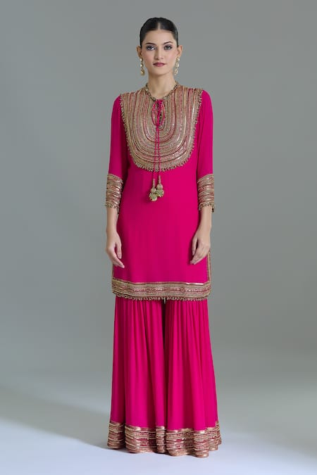 Nakul Sen Pink Chiffon Tassels, Sequins, Beads Embroidered Kurta Gharara Set at Aza Fashions Nakul Sen_Pink Chiffon Tassels, Sequins, Beads Embroidered Kurta Gharara Set _at_Aza_Fashions