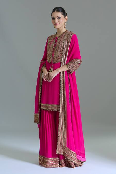 Buy Nakul Sen Pink Chiffon Tassels, Sequins, Beads Embroidered Kurta Gharara Set Buy_Nakul Sen_Pink Chiffon Tassels, Sequins, Beads Embroidered Kurta Gharara Set