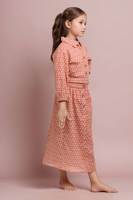 Samyukta Singhania_Peach Cotton Floral Print Crop Top And Skirt Set_Online_at_Aza_Fashions