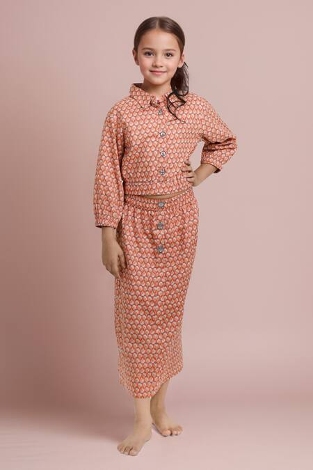 Buy_Samyukta Singhania_Peach Cotton Floral Print Crop Top And Skirt Set_Online_at_Aza_Fashions