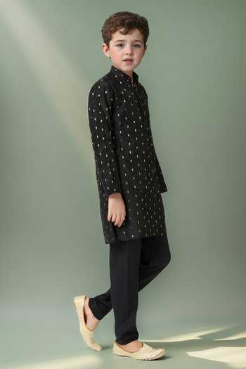Petite Pomme Black Chanderi, Linen Zari Butta Kurta Set at Aza Fashions Petite Pomme_Black Chanderi, Linen Zari Butta Kurta Set _at_Aza_Fashions
