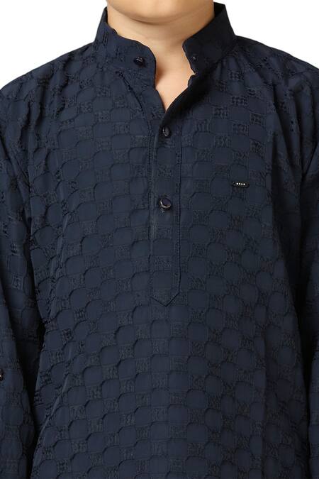 Petite Pomme Blue Cotton Navy Textured Kurta Set Online at Aza Fashions Petite Pomme_Blue Cotton Navy Textured Kurta Set _Online_at_Aza_Fashions