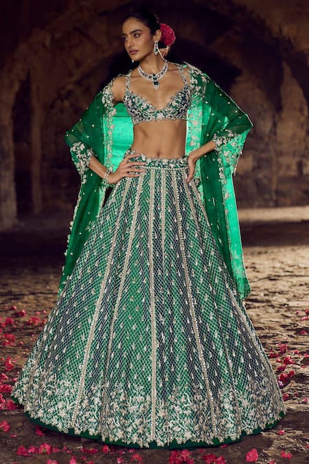 Buy_Anushree Reddy_Green Silk, Organza Sequins, Cut Work, Emerald Kalidar Bridal Lehenga Set _Online_at_Aza_Fashions